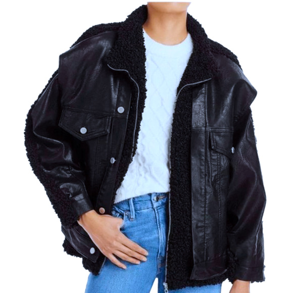 Blank NYC Black Faux Leather an Sherpa Combo Jacket Oversize Zip Up Size S  NWT - Picture 6 of 8